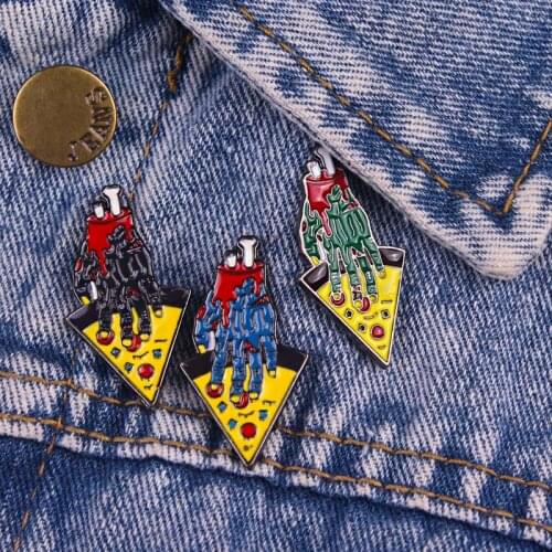 Horror Pizza Party Pins Zombie Hand Pizza Real Friends Brooches Halloween Custom Badges Lapel Backpack Enamel Pin For Women Men