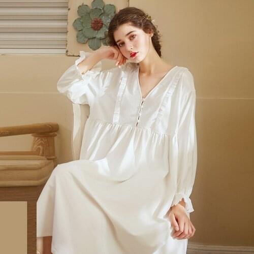 Loose Sexy V Neck Long Sleeve Home Wear Skirt Tracksuit White High Waist Loose Night Dress Retro NW05