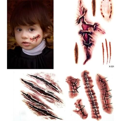 Halloween Tattoo Sticker Waterproof Skull Head Tooth Scar Facial Body Fake Temporary Tattoo All Saints' Day Dress Up Accessories