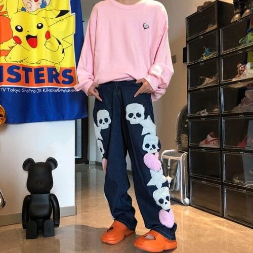 Street mens hip hop skull embroidery jeans couple