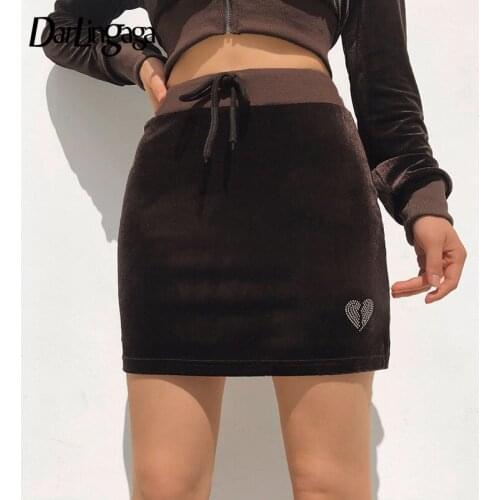 Darlingaga Vintage Fashion Velour Bodycon Mini Skirts Y2K Heart Rhinestone Autumn High Waist Skirt Women Sexy Split Club Party