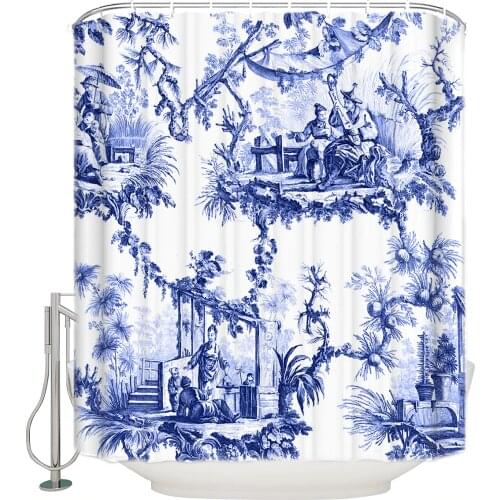 WARMTOUR Shower Curtains Blue Chinoiserie Toile Extra Long Fabric Bath Shower Curtains Bathroom Decor Sets with Hooks