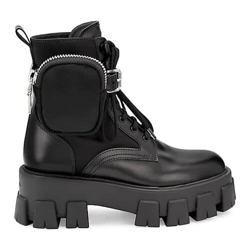 Women Shoes Lug-sole Leather Combat Boots Black Genuine Leather Removable Buckled Ankle Strap With Zip Pouch