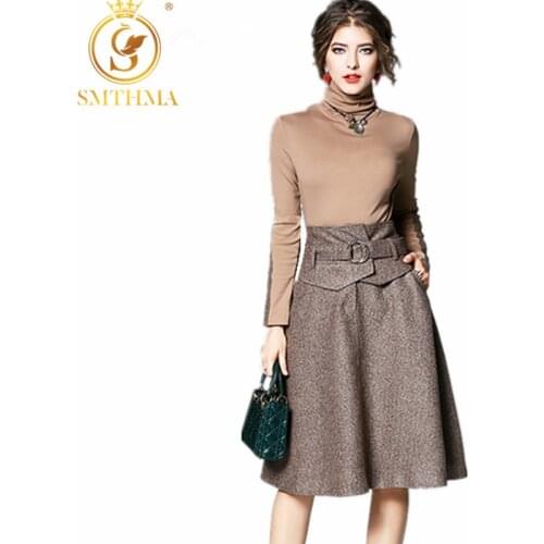 SMTHMA autumn Spring Runway woman High-necked ladies Tops + knee length skirt England style outfit 2 piece skirt suit