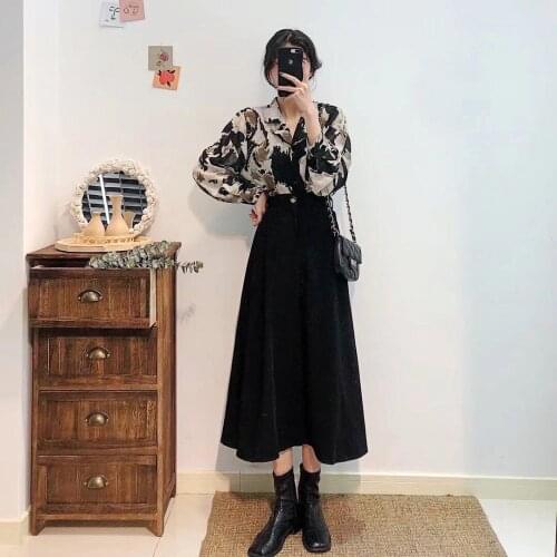 Elegant Ladies Autumn OL Work Wear 2 Pieces Sets Women Ink Printing Notched Collar Long Sleeve Shirts + Black A Line Skirts Suit