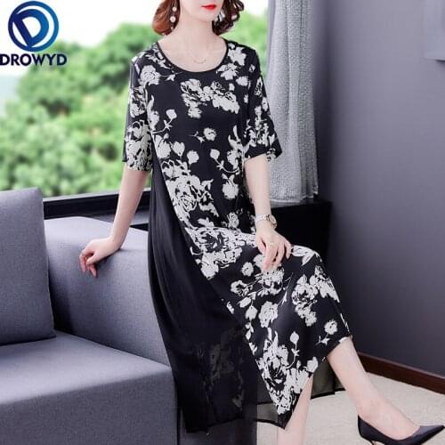 Women Dress Summer 2021 Office Lady Vintage Floral Print Short Sleeve Patchwork Loose Mesh O-Neck Black Dresses Traf Vestidos