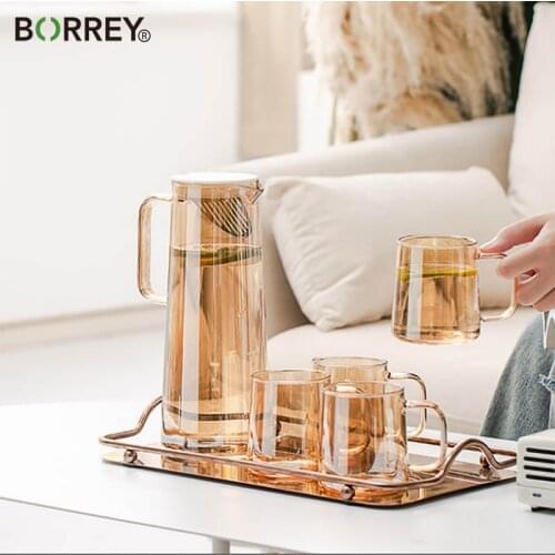 BORREY 1.8L Gold Glass Water Jug Hot Cold Water Tea Pot Juice Drink Fruit Teapot Carafe With Handle Filter Heat-proof Teapot Set