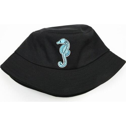 2021 Seahorse Animal Embroidery Cotton Bucket Hat Fisherman Outdoor Travel Sun Cap Hats for Men and Women 317