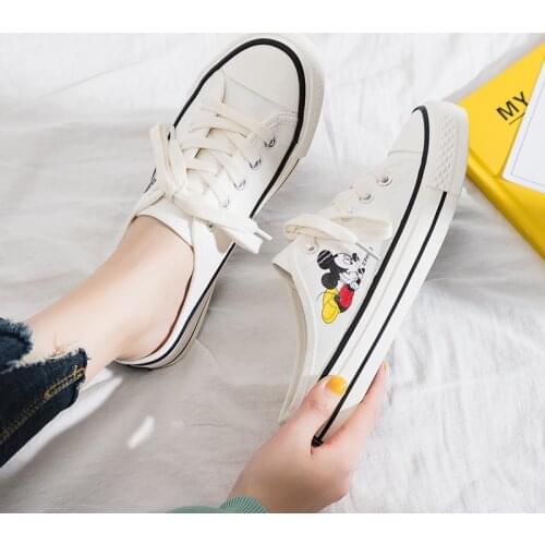 Disney spring half-supported white shoes girl canvas shoes Mickey Mouse student flat-bottomed all-match lazy casual shoes