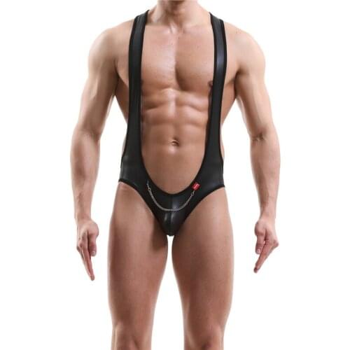 PU Leather Sexy Bodysuits Open Butt Penis Pouch with Chain Jumpsuit Male One Piece Leotard Gay Wrestling Singlet Undershirts