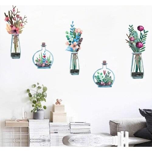 Illustration Hanging Basket Flower Wall Sticker Living Room Bedroom Wall Decoration Decal DIY Home Wall Decoration PVC Wallpaper