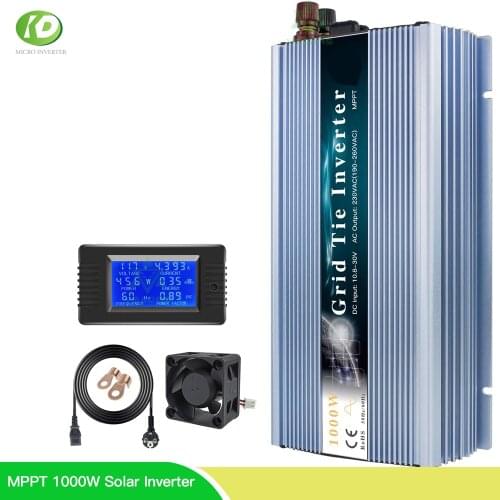 MPPT 1000W Solar On Grid Tie Inverter 18V 24V 36V Pure Sine Wave With Power Meter 110V 220V AC For 36 60 72 Cells Solar Panel