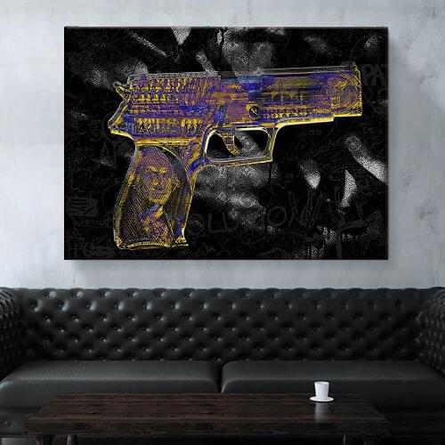 Canvas Painting Home Decoration Hd Prints 1 Piece Money Pattern Pistol Pictures Wall Art Modular For Living Room Poster Framed