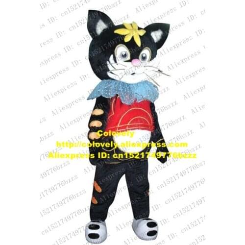 Fancy Black Cat Mascot Costume Mascotte Kitten Pussycat Puss Eyra Moggie With Yellow Flower Small Pink Nose No.4091 Free Ship