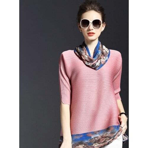 Fashion Women Multicolor Printing T shirts Special Pleats Loose Long Shirts Top Elegant Ladies Half Sleeve Floral Tees