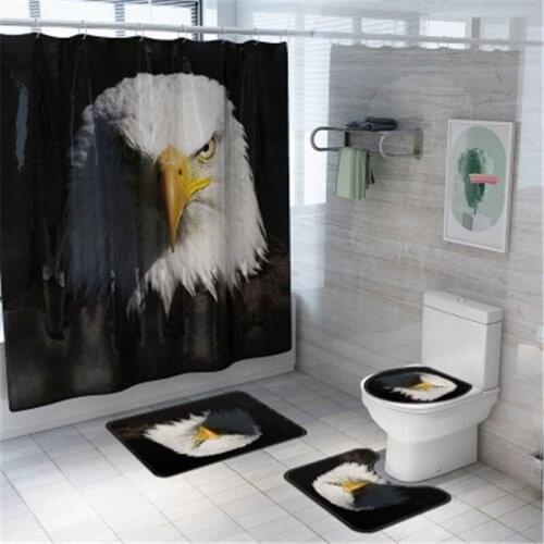 4Pcs/set Bathroom Mat Set Non-slip Digita Print Eagle Bath Mat Coral Fleece Shower Curtain Floor Mat Washable Toilet Rug