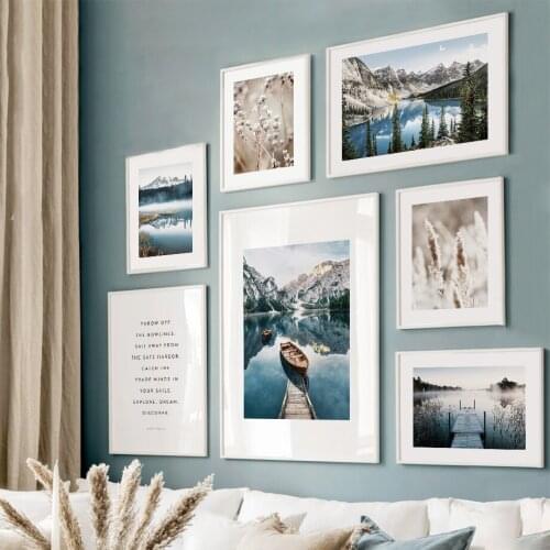 Wall Art Canvas Painting Blue Lake Boat Reed Snow Mountain Nordic Posters And Prints Wall Pictures For Living Room Decoration