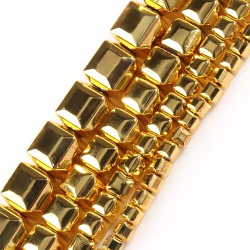 Wholesale Smooth Gold Color Hematite Beads 3/4/6/8mm Square Loose Stone Beads for Jewelry Making DIY Bracelet 15inch Strand