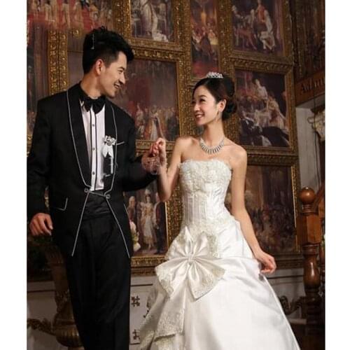 New High Quality Stunning A-Line Strapless Floor Length Appliques Beading With Bow Lace-up or Zipper Bridal Gown / Wedding Dress