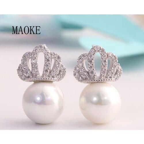Promotional S925 Sterling SV Pearl Crown Zircon Natural Bead Earrings Fashion Jewelry for Womens Fashion Gifts