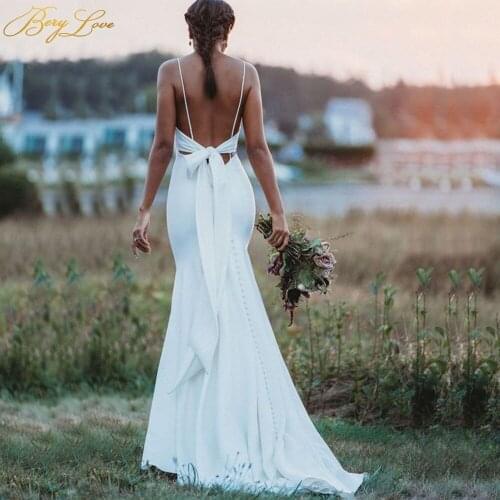Plain Ivory Mermaid Wedding Dress Simple Spaghetti Straps Sweetheart Bow Knot Ribbon Chapel Train Open Back Bow Knot Bridal Gown