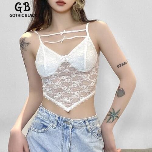 Gothblack Sexy Women Splice Lace Solid Camisole Female Chic Backless Bow Tank Tops 2021 Fashion New Mesh Streetwear Party Tops