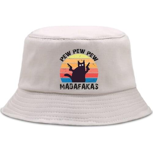 Black Cat Pew Madafaka Funny Bucket Hats Casual Sunscreen Fishermans Caps Unisex Outdoor Beach Sun Hat Foldable Fishing Cap