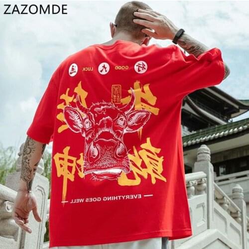 ZAZOMDE Chinese Style Streetwear Oversize Tshirt Hip Hop Red Print T-shirt Men Cotton Loose Summer Short Sleeve Tops Tees