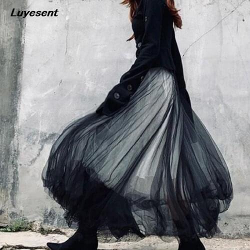 Women Dark Gothic A-line Black Skirt 2021 Hipster Lady Mesh Lace Spliced Streetwear Punk Cool Street Ankle-length Zipper Skirts