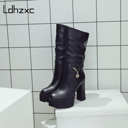 LDHZXC Black White Woman Boots Women Shoes Ladies Platform Mid-calf Boots Women High Heel Platform Rubber Shoes Boots