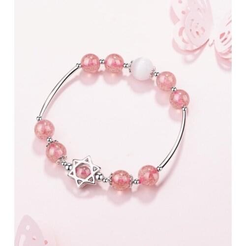 Natural Strawberry Crystal Pink Six-Pointed Star 925 Sterling Silver Temperament Female Literary Resizable Bracelets SBR099