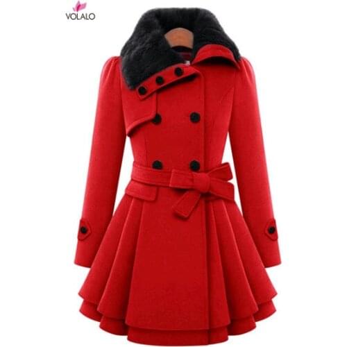 Womens New Style Vintage Woolen Coat Double Buckle Slim Trench Coats Lady Fur Collar Peacoat Winter Coat Outwear Plus Size