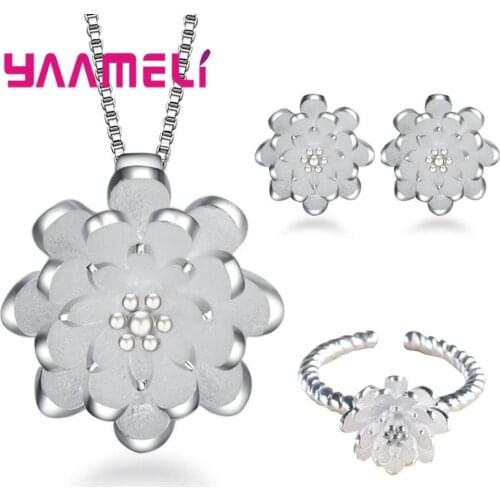 Free Shipping 925 Sterling Silver Lotus Flower Pendant Necklace Stud Earrings Rings For Women Boucle D'oreille Bridesmaid Gift