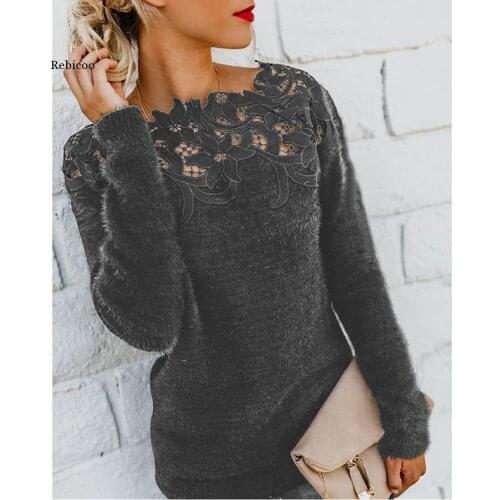 Women Sweaters Lace Neck Plus Size Long Sleeve Thin Sweater Women Autumn Jumper Office Ladies Tops Pullover