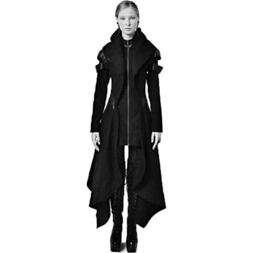 Women Irregular Black Hooded Coat Punk Gothic Cosplay Steampunk Jacket Overcoat Long Coat Women