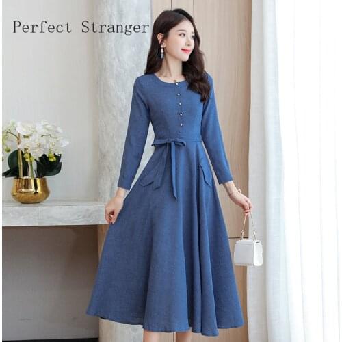2020 Autumn New Arrival Hot Sale Round Collar Women Cotton Linen Long Dress M-3XL