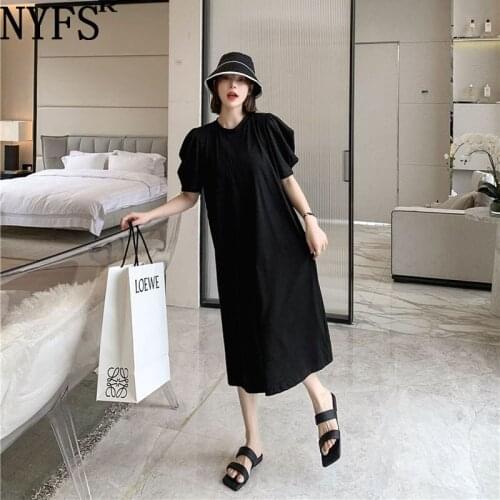NYFS Summer Dress 2021 Korean New Short Sleeve Woman Dress Vestidos Robe Elbise Fashion Solid Puff sleeve Long Dress