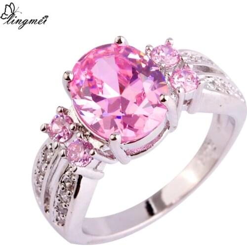 Lingmei Nice Fashion Jewelry Pink & White Cubic Zirconia Silver Color Ring Sweet Women Engagement Size 6-9 10 11Wholesale