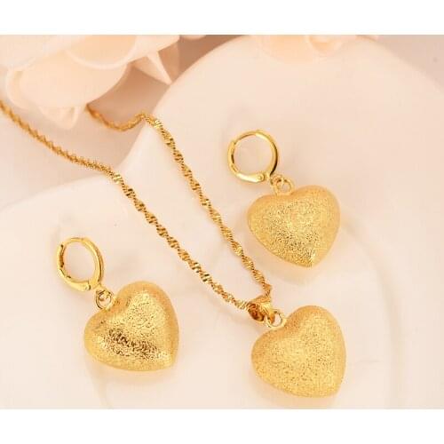 Gold love heart family set Jewelry Pendant Chain Earrings African Dubai Bride Wedding women girls Bijoux mother gift