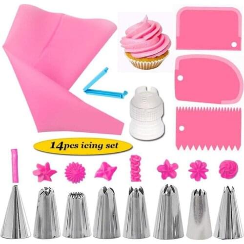 14PCS Silicone Kitchen Accessories Icing Piping Cream Pink Pastry Bag Stainless Steel Nozzle DIY Cake Decorating Tips