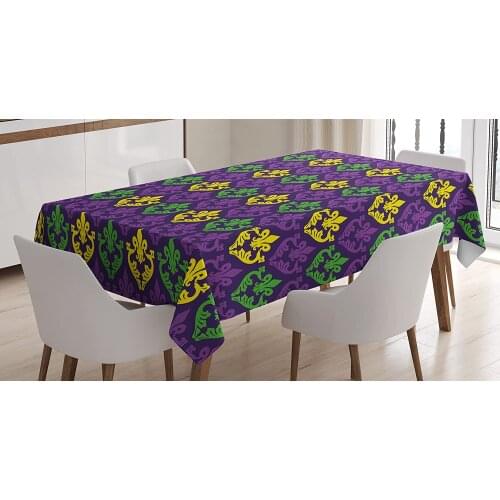 Antique Old Fashioned Motifs in Mardi Gras Holiday Colors Tile Pattern, Dining Room Kitchen Table Cover