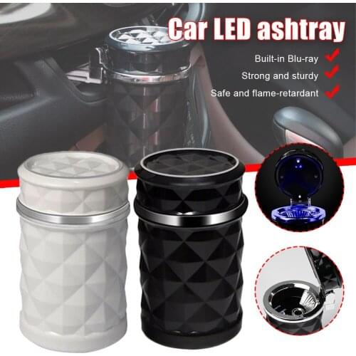 Car Ashtray Smoke Ash Tray With Solar Portable LED Blue Light Press-Type Lid Smokeless Fire Proof Metal Cigarette Holder