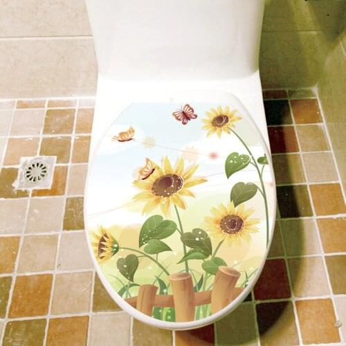 Butterfly sunflower bathroom wall sticker home decor toilet lid decoration wall decals waterproof toilet stickers Free shipping