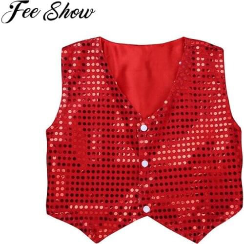 FEESHOW 2019 Children Boys Vest Waistcoat Dance Clothes Summer Shiny Kids Outwears Jackets for Girls Stage Performances Costume