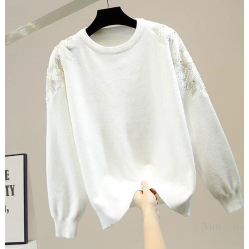 Exquisite Rhinestone Beaded Sequins Shoulder Sweater Women Sweet Flower Decoration Loose Pullover Knitted Jumper Mujer