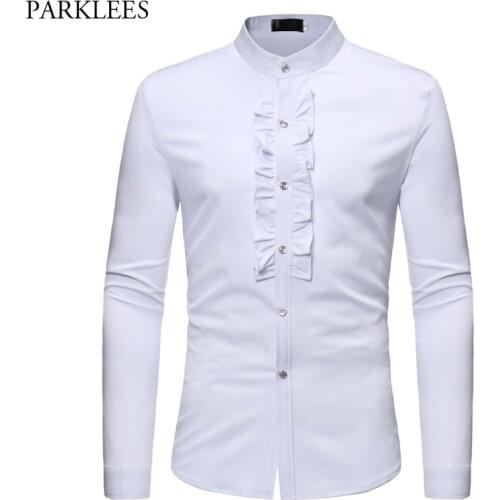 Mens Ruffle Tuxedo Dress Shirts 2018 Brand New Slim Fit Long Sleeve Stand Collar Shirt Men Prom Performing Wedding Chemise Homme