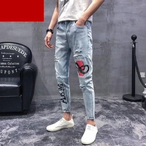 Autumn ripped hole light blue snake printed hip hop fashion street jeans mens Korean Slim beggar feet pencil pants mens pants