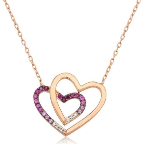 Real Silver 925 Jewelry Sterling Silver Two Heart Woman Necklace