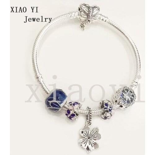 XIAOYI 2020 new 100% s925 Blue butterfly lucky leaves charm fashion gentle high quality Bracelet Trinket for girlfriend female