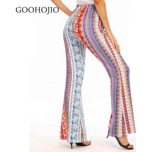 GOOHOJIO 2021 New Spring Autumn High Waist Flare Pants Women Flower Vintage Trousers for Ladies Casual Elastic Band Women Pant